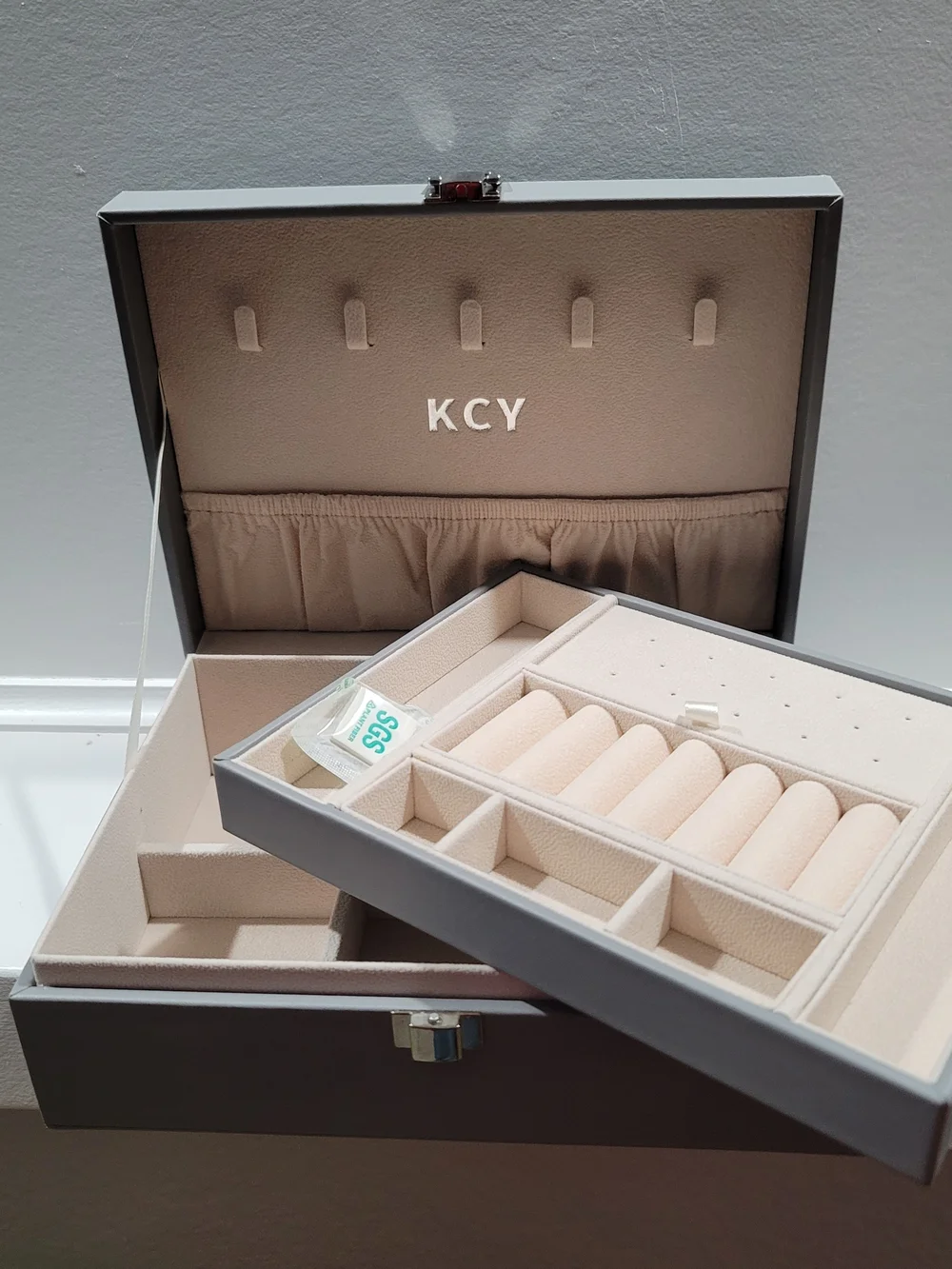 KCY Jewelry Box 2 Layers Large Jewelry Organizer Box Gray Cream
